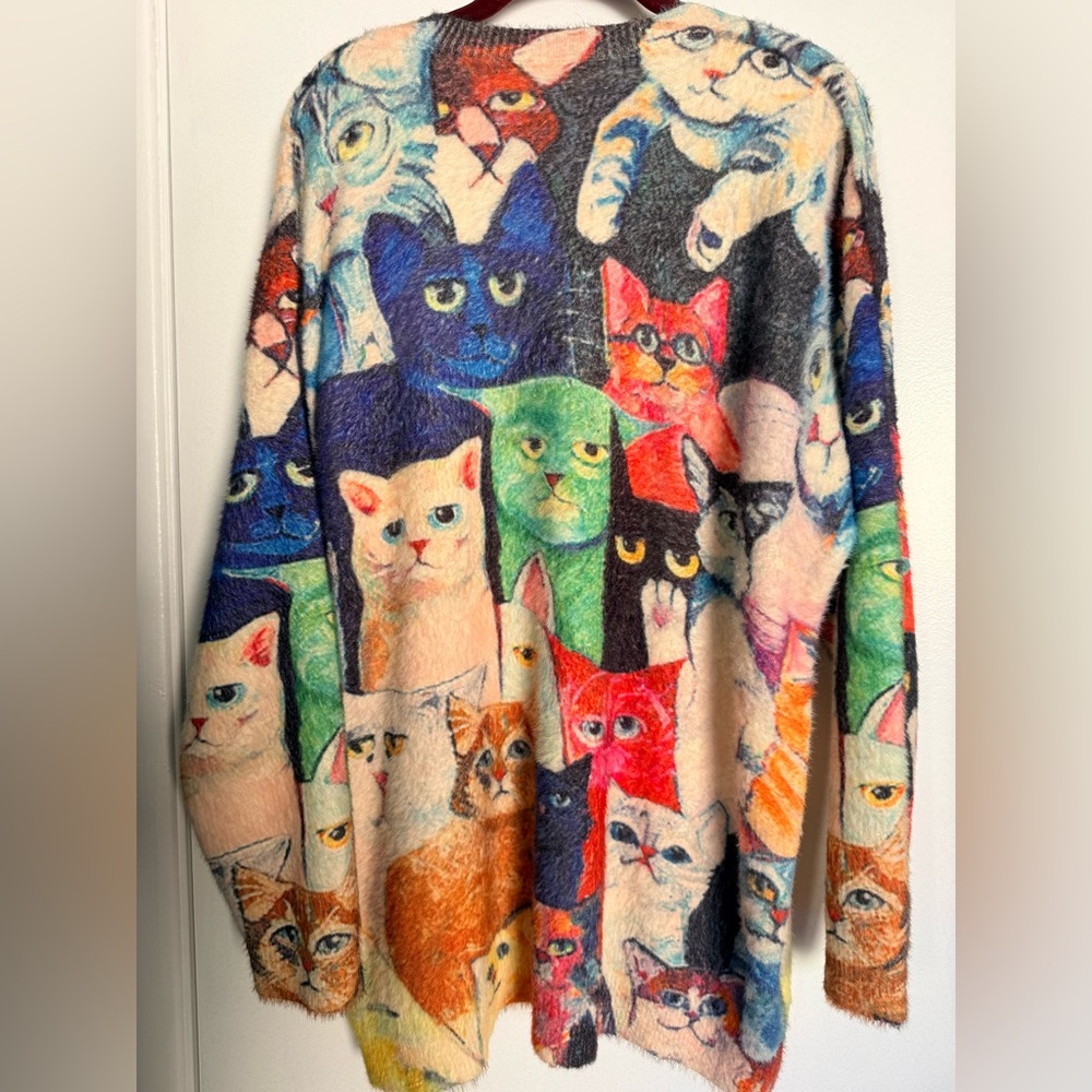 Colorful Oversized Cat Print Sweater - Picture 5 of 8